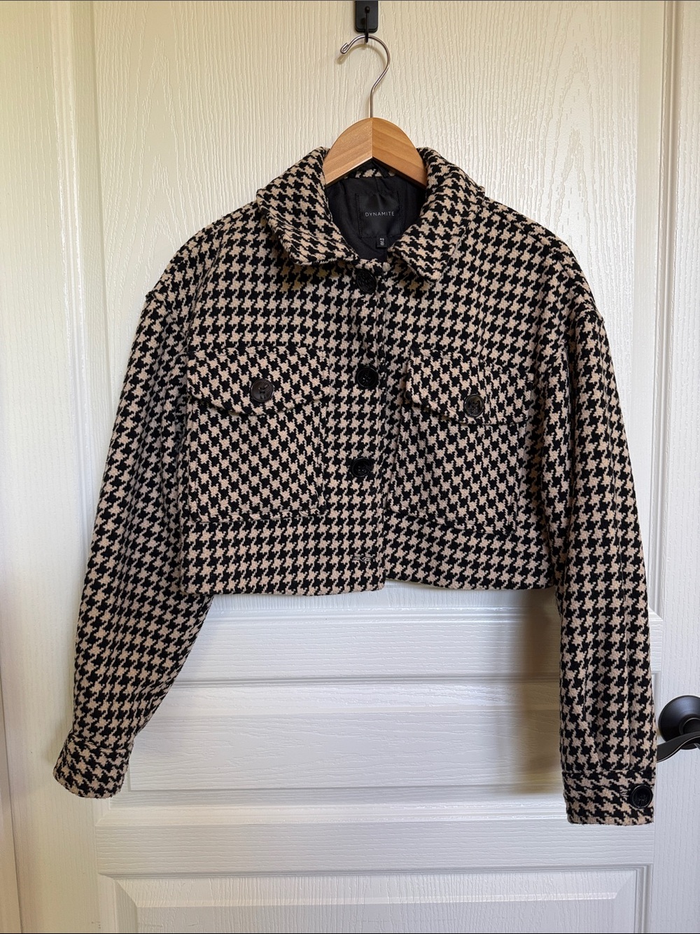 Dynamite Cropped Houndstooth Jean Jacket - Black & Cream